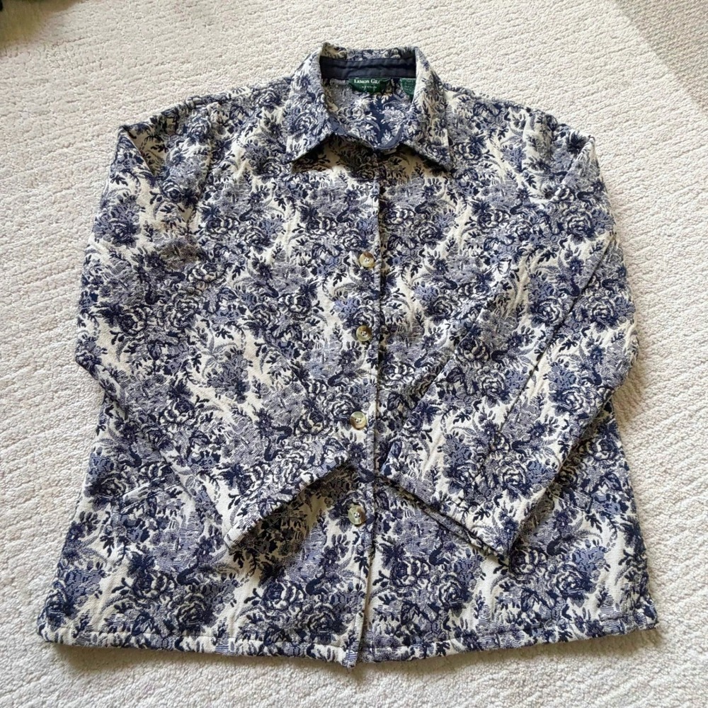 Lemon Grass Studio Navy Cream Floral Tapestry Jacket Womens Med Button Front